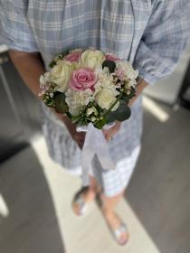 Pink and White Roses, White Bouvardia and Carnations