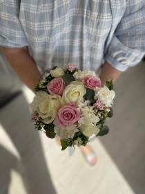 Pink and White Roses, White Bouvardia and Carnations 