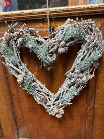 Wicker Wood heart with mini pine cones all frosted